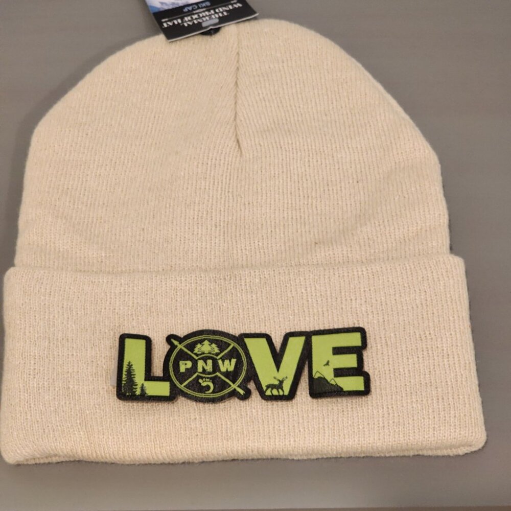 LOVE PNW Patched Knit Cuffed Beanie in Beige
